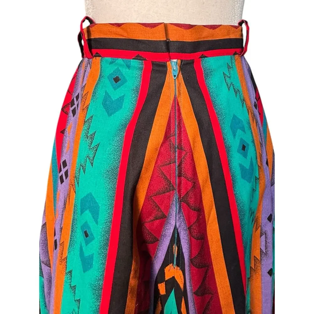Vintage Handmade Southwestern Geometric Flowing Midi Skirt Lace Trim‎ Boho Ranch
